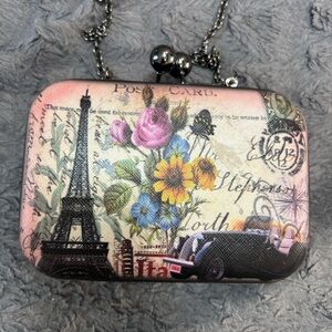 Pink and Black Clutch with Chain Strap and Vintage Design